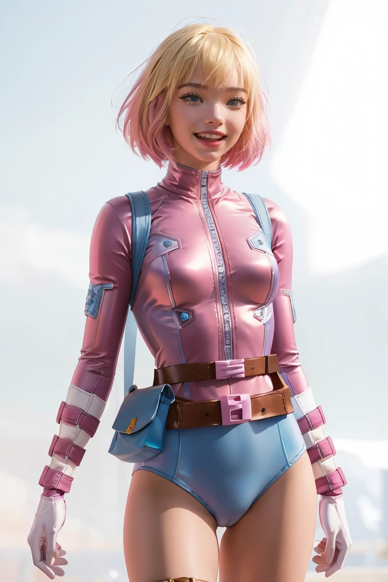 gwenpool, 1girl, weapon, blonde hair, multicolored hair, solo, blue eyes, sword, pouch, smile, mask, superhero, short hair, gradient hair, open mouth, belt, bag, white background, two-tone hair, pink hair, breasts, adapted costume, animification, gloves, belt pouch, looking at viewer, leotard, camel toe