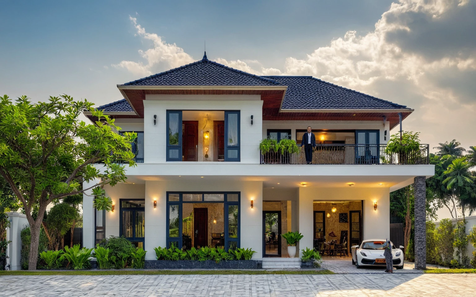 (masterpiece:1.2), best quality, photo of A two-story modern house in VietNam with dark tiles on the roof., dark granite tiled wall, neo classic detail, tree and plant environment,daylight, streetcapes, natural light, vivid color, The exterior of an elegant single family home features large windows, a dark gray door frame.