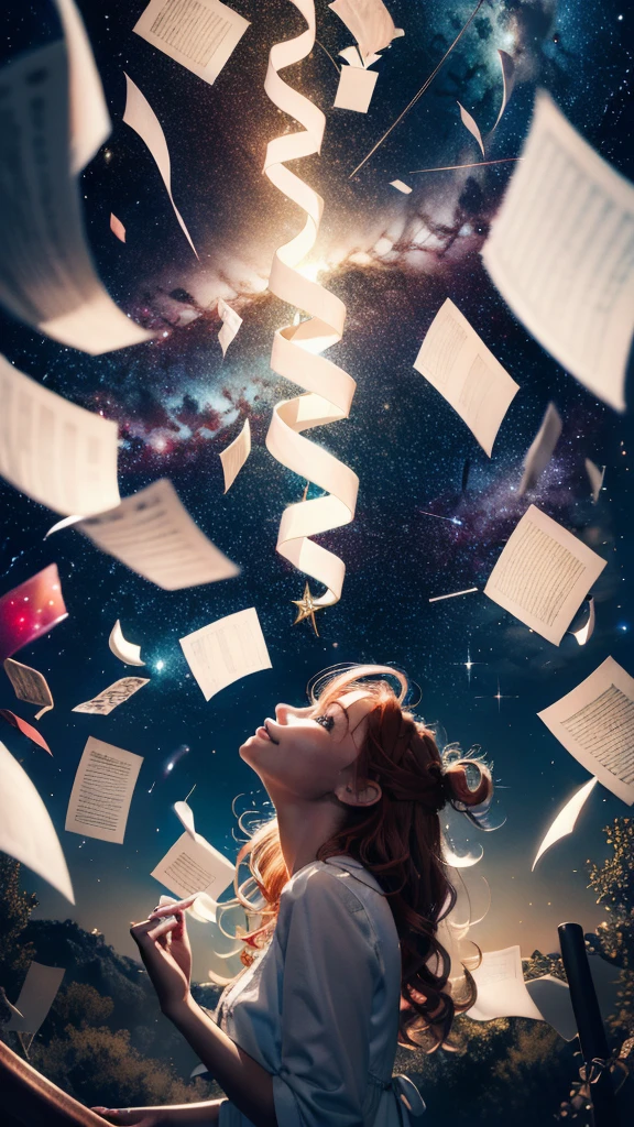 masterpiece,best quality,aesthetic,detailed face,subsurface scattering,looking up,
wrenchsfantasy,fantasy,1girl,photo of a cute girl,light smile,charming,20yo,ringlets hair.Hair flaps,Copper hair,glowing,cloud,colorful || starry,stars,paperexplosion,surrounded by papers,papers flying in the air,papers flying from,
space_style,style-swirlmagic,style-sylvamagic,rainbow-candy,
heavenly, celestial, delicate, elegant, stunning, magical atmosphere, illuminated, divine illumination, detailed, cinematic, extremely, focused, beautiful, intricate, amazing composition, aesthetic, sharp focus, perfect, brilliant