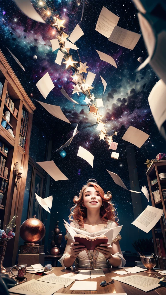 masterpiece,best quality,aesthetic,detailed face,subsurface scattering,looking up,
wrenchsfantasy,fantasy,1girl,photo of a cute girl,light smile,charming,20yo,ringlets hair.Hair flaps,Copper hair,glowing,cloud,colorful || starry,stars,paperexplosion,surrounded by papers,papers flying in the air,papers flying from,
space_style,style-swirlmagic,style-sylvamagic,rainbow-candy,
heavenly, celestial, delicate, elegant, stunning, magical atmosphere, illuminated, divine illumination, detailed, cinematic, extremely, focused, beautiful, intricate, amazing composition, aesthetic, sharp focus, perfect, brilliant