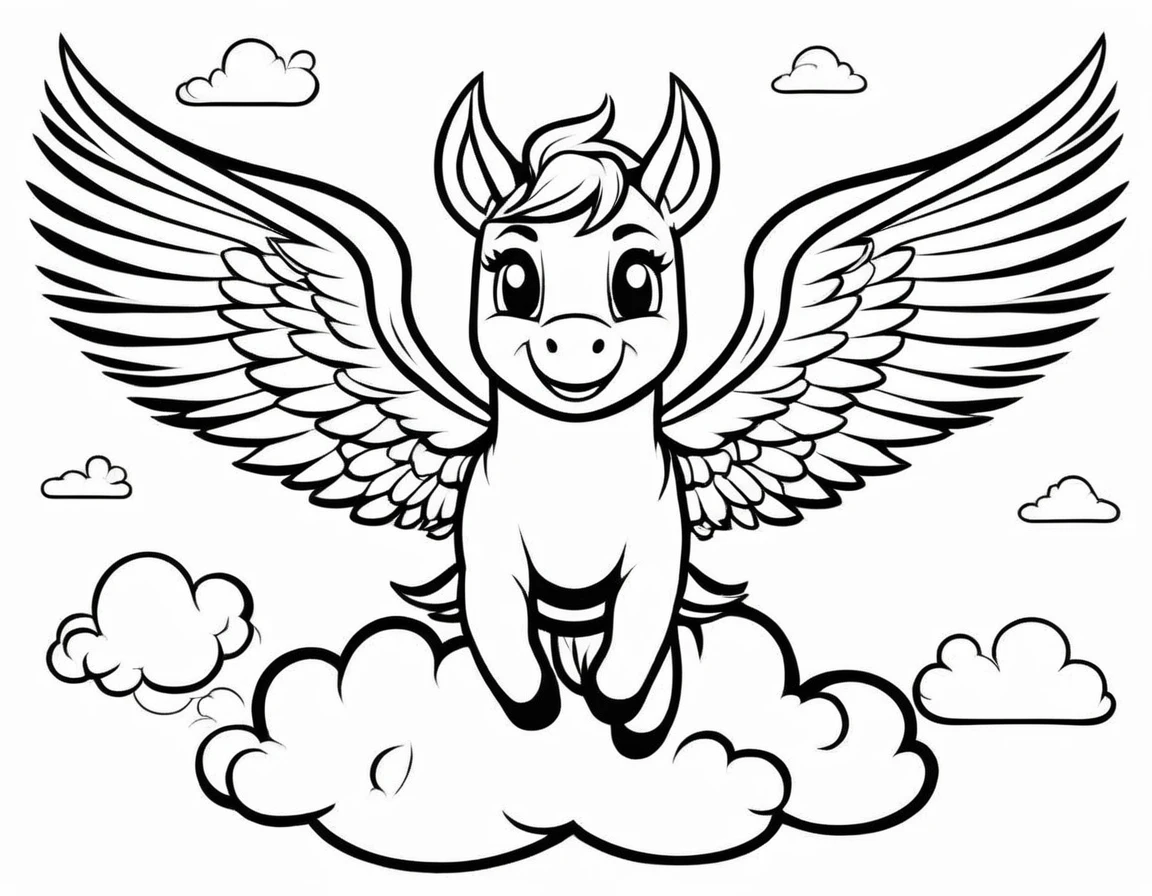 beautiful Unicon, have wings, Coloring pages for kids, be happy, smile, Fly in the sky, Behind is a cloud., vector art, simple, 2D vector, black lines white background, Coloring pages for beginners, Vector illustration, Pencil strokes, No color, drawing coloring, white background, Pixar style, black and white