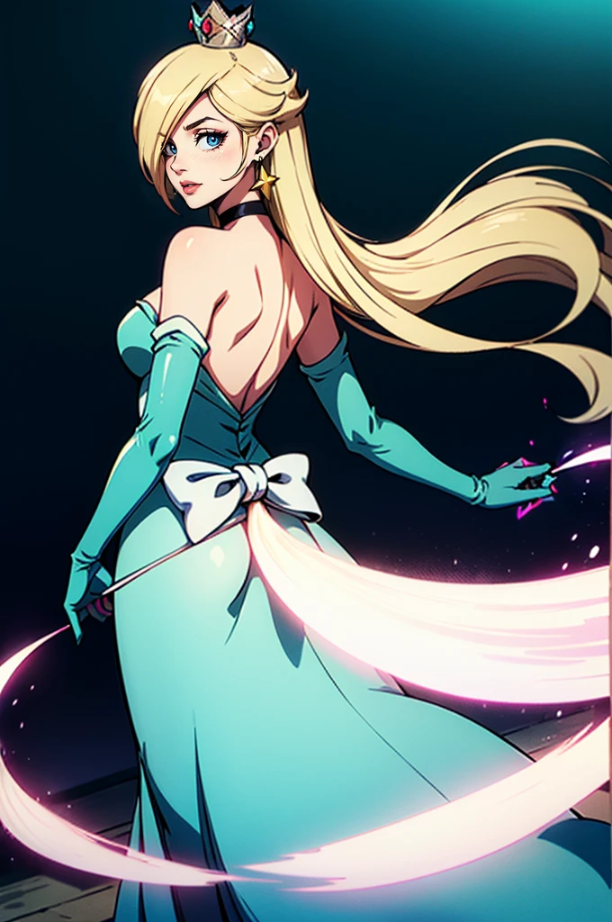 rosalina, crown, green dress, long dress, backless dress, long white elbow gloves, smile, light red lipstick, dark purple eye shadow, makeup, black choker, cowboy shot