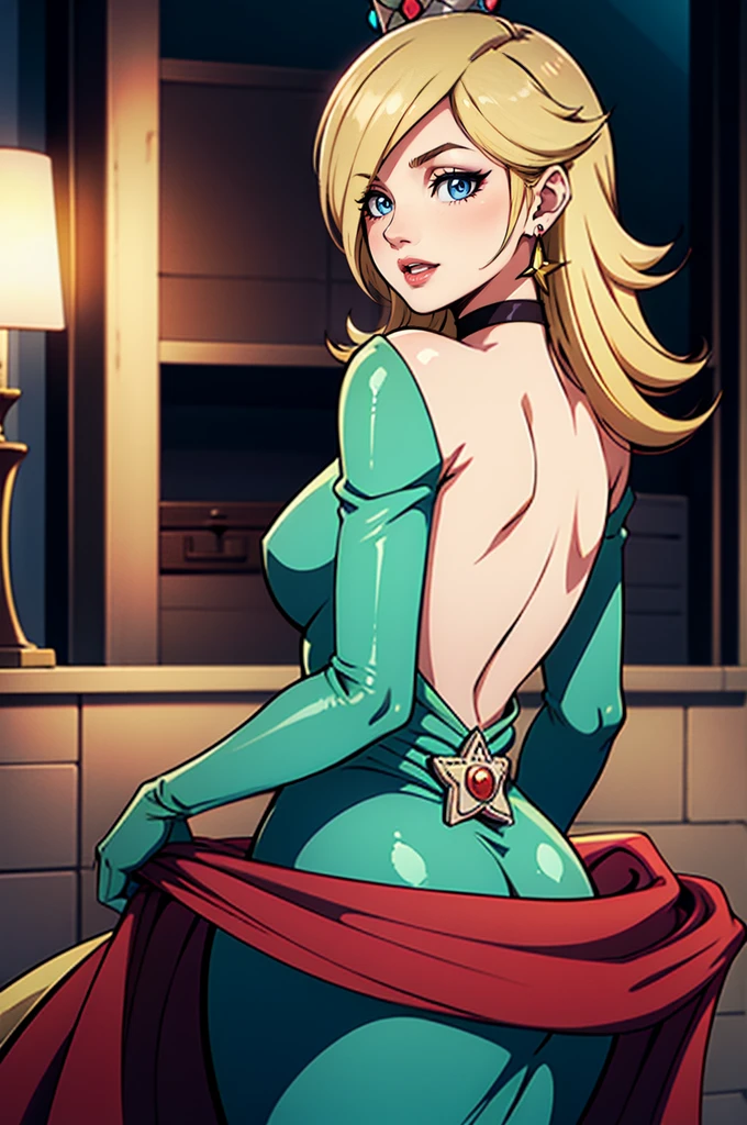 rosalina, crown, green dress, long dress, backless dress, long white elbow gloves, smile, light red lipstick, dark purple eye shadow, makeup, black choker, cowboy shot