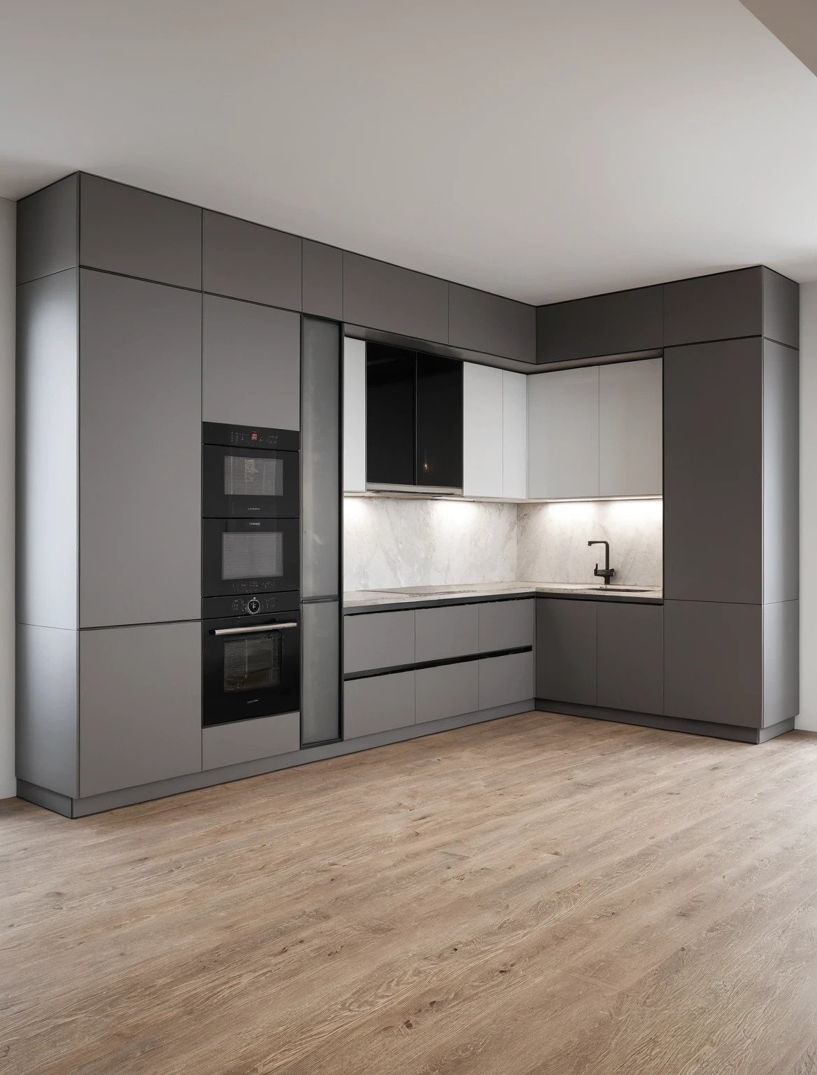 Raw photo,Masterpiece, high quality, best quality, authentic, super detail, interior , sunset, daylight, Kitchen Cabinets style modern, Induction cooker, sink, faucet, oven, built-in microwave, wooden floor, hood, wine cabinet, ((WOODEN and grey tones))