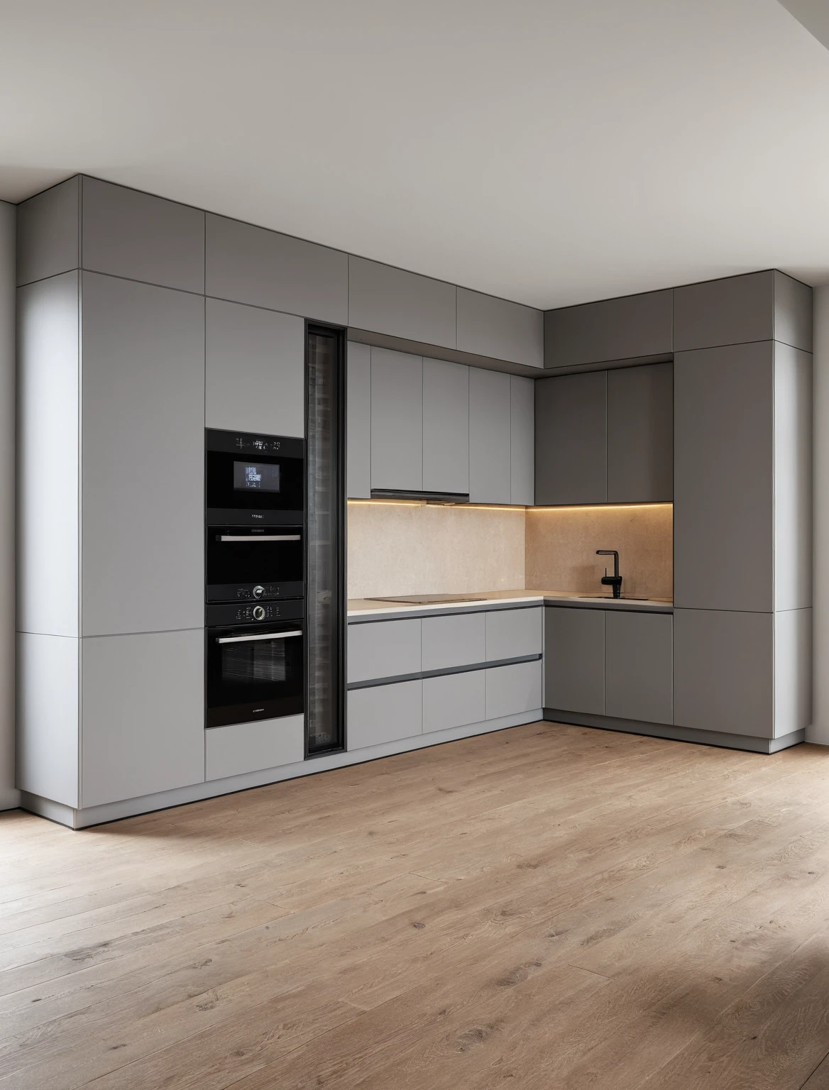 Raw photo,Masterpiece, high quality, best quality, authentic, super detail, interior , sunset, daylight, Kitchen Cabinets style modern, Induction cooker, sink, faucet, oven, built-in microwave, wooden floor, hood, wine cabinet, ((WOODEN and grey tones))