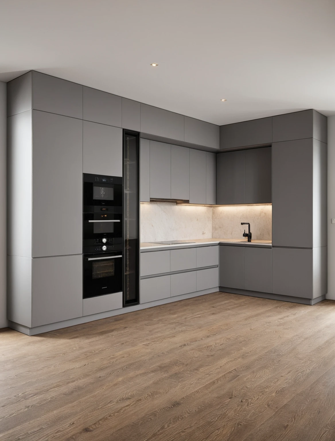 Raw photo,Masterpiece, high quality, best quality, authentic, super detail, interior , sunset, daylight, Kitchen Cabinets style modern, Induction cooker, sink, faucet, oven, built-in microwave, wooden floor, hood, wine cabinet, ((WOODEN and grey tones))