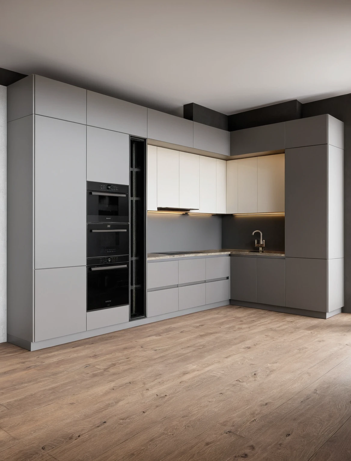 Raw photo,Masterpiece, high quality, best quality, authentic, super detail, interior , sunset, daylight, Kitchen Cabinets style modern, Induction cooker, sink, faucet, oven, built-in microwave, wooden floor, hood, wine cabinet, ((WOODEN and grey tones))