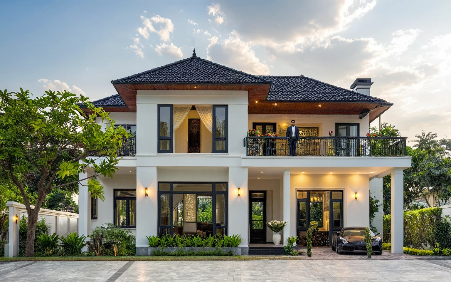 (masterpiece:1.2), best quality, photo of A two-story modern house in VietNam with dark tiles on the roof., dark granite tiled wall, neo classic detail, tree and plant environment,daylight, streetcapes, natural light, vivid color, The exterior of an elegant single family home features large windows, a dark gray door frame.