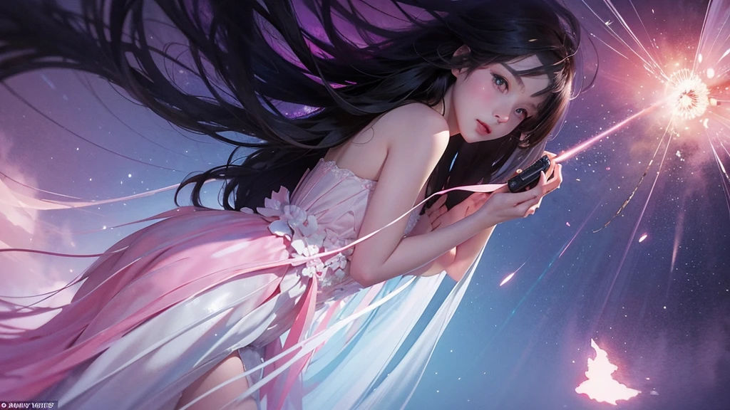One girl,flower, Lisianthus ,Pale pinkと淡い青のスタイル, A dreamy, romantic piece, Pale pink, Mysterious Leaves, A playful arrangement,Fantasy, High Contrast, Ink strokes, explosion, Exposure, Impression of purple and red tones , Abstract, ((Watercolours by John Berkey and Jeremy Mann )) Brush strokes, Negative Space,