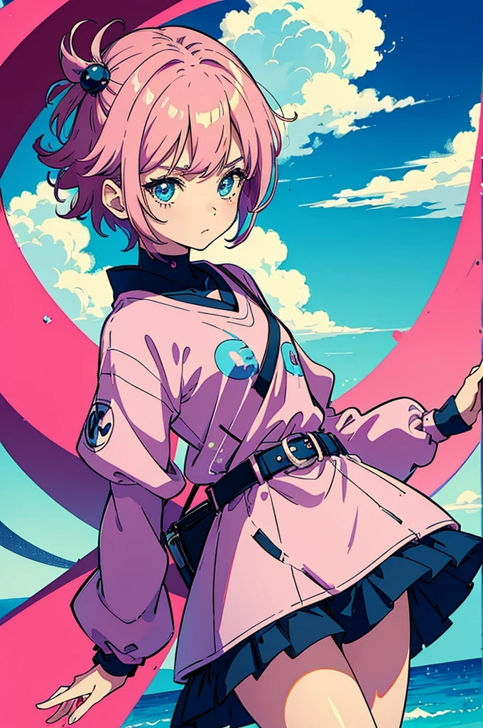  girl Anime Shonen Style Design,retro clothes, bizarre creative design, short bright pink hair, blue sky eyes,  shonen style outfit