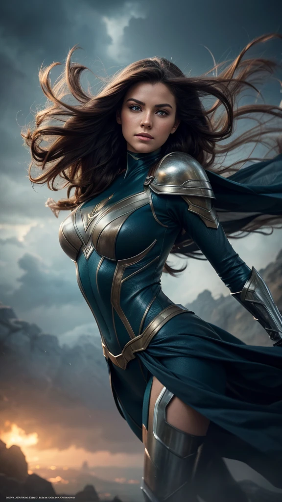 a female wind-controlling superhero, beautiful detailed eyes, beautiful detailed lips, extremely detailed eyes and face, long eyelashes, billowing costume, dynamic pose, powerful gust effects, air shield, stormy background, dramatic lighting, digital painting, cinematic composition, vibrant color palette, fantasy, sci-fi, concept art, masterpiece, best quality, 8k, highres, photorealistic