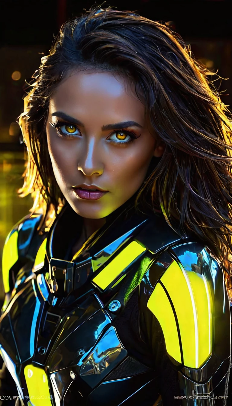 bright yellow eyes, ultra-detailed,vibrant colors,sci-fi,portrait,dramatic lighting,detailed facial features,dark background,long hair,glowing eyes,futuristic clothing,expressionless face,metallic texture,bright highlights,high contrast,radiant colors,artificial intelligence theme,sharp focus,technological elements,shadows and highlights,ethereal glow,neon lights,stormy atmosphere,otherworldly setting,unconventional composition,sharp lines,sleek design,mysterious atmosphere,unearthly beauty,digital enhancements,advanced technology,glowing circuitry,abstract background,ominous presence,subtle reflections,energetic pose,unique perspective,foreshortening effect,symmetrical composition,imposing presence,dynamic energy,striking visual impact,translucent overlays,organic and mechanical fusion.