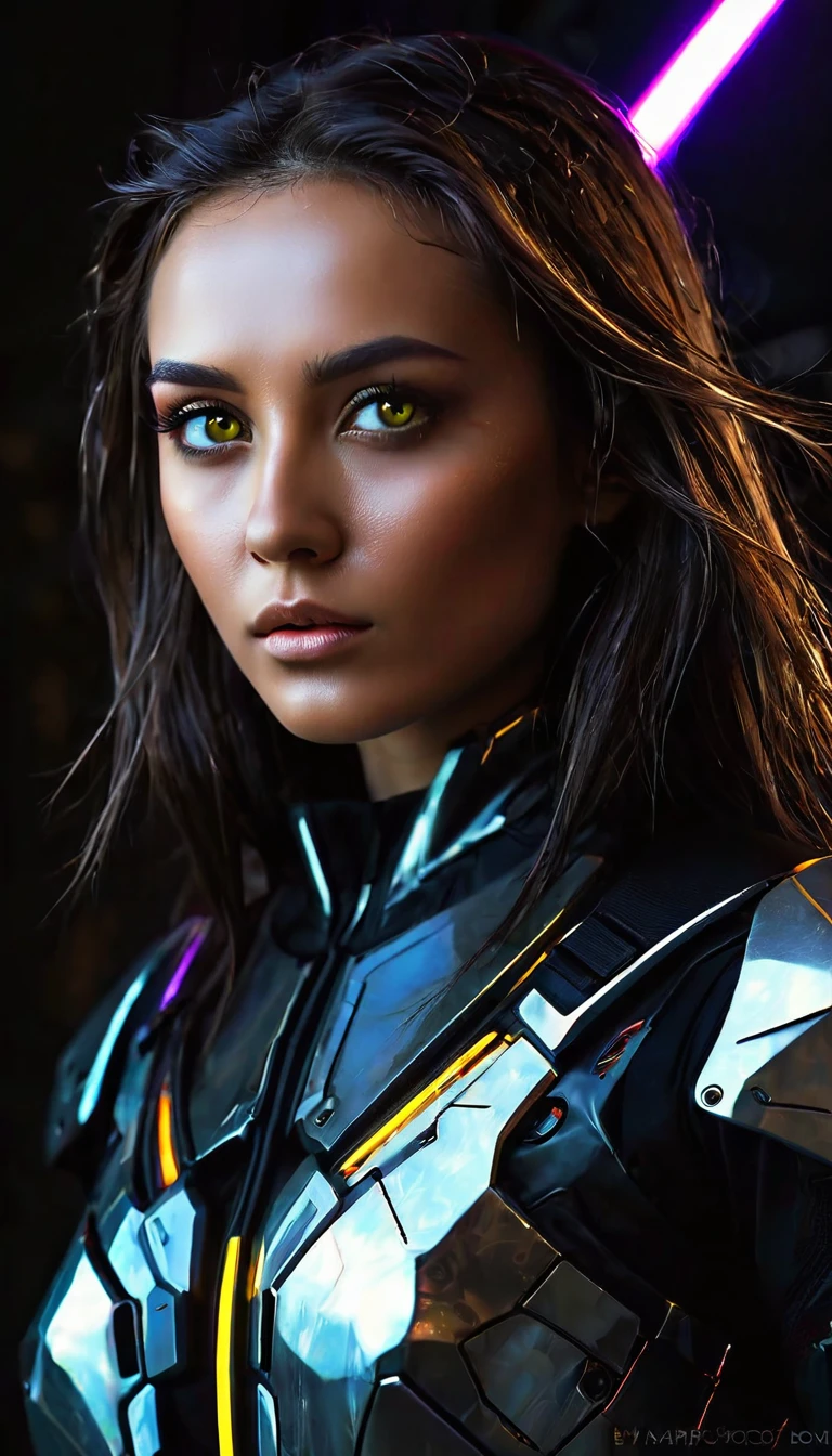 bright yellow eyes, ultra-detailed,vibrant colors,sci-fi,portrait,dramatic lighting,detailed facial features,dark background,long hair,glowing eyes,futuristic clothing,expressionless face,metallic texture,bright highlights,high contrast,radiant colors,artificial intelligence theme,sharp focus,technological elements,shadows and highlights,ethereal glow,neon lights,stormy atmosphere,otherworldly setting,unconventional composition,sharp lines,sleek design,mysterious atmosphere,unearthly beauty,digital enhancements,advanced technology,glowing circuitry,abstract background,ominous presence,subtle reflections,energetic pose,unique perspective,foreshortening effect,symmetrical composition,imposing presence,dynamic energy,striking visual impact,translucent overlays,organic and mechanical fusion.