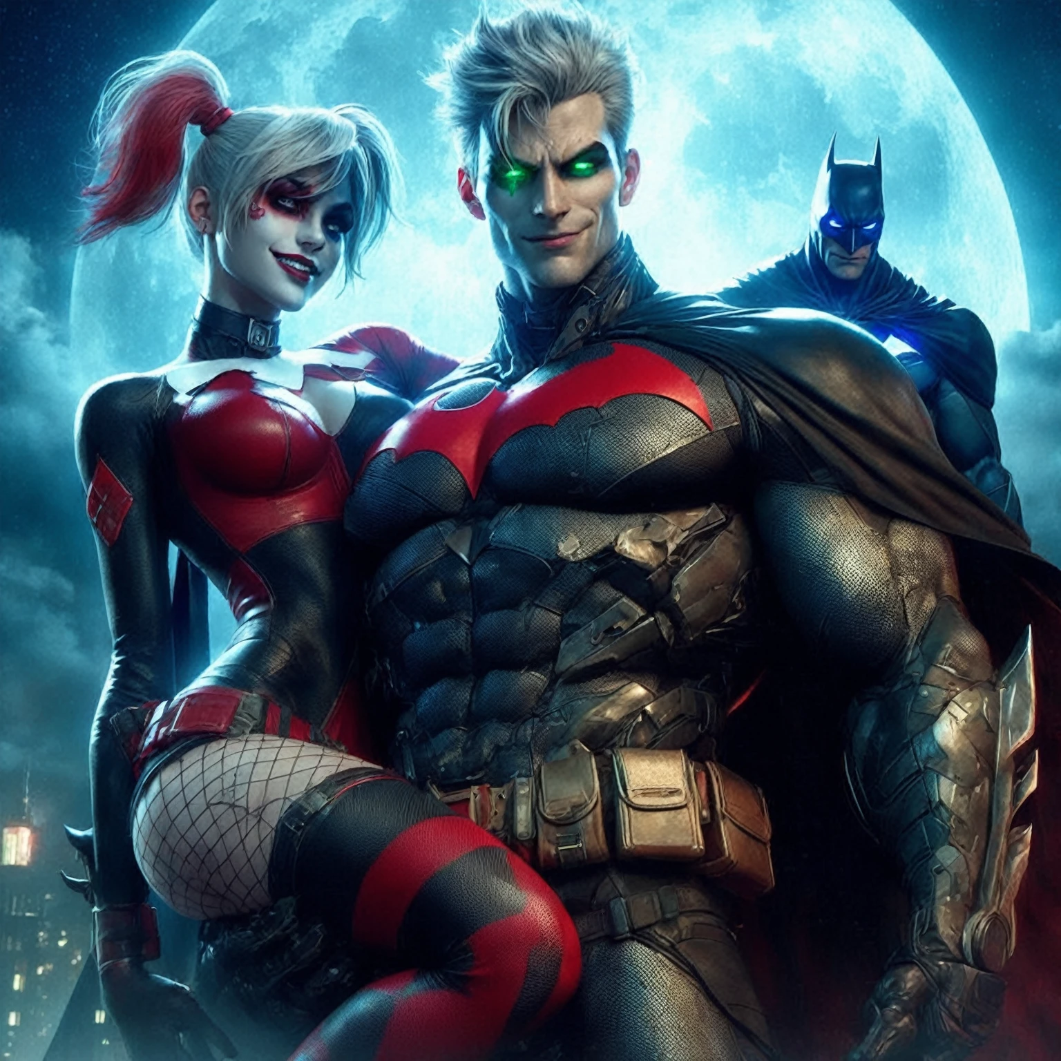 full-body shot, arkham city, arkham knight CGI art style, by rocksteady studios, couple, tall heroic brawny pale young man with glowing green eyes, subtle grin loving expression, messy white hair, thick eyebrows, black and red armored super suit, upturned collar cape, he is holding his girlfriend Harley Quinn, she is wearing a skirt and fishnet stockings, blue batman is looking down at them from a top the gotham city tower with a full moon behind him,