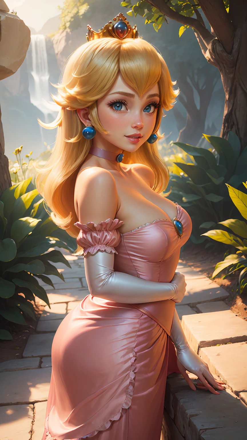 highres, masterpiece, perfect ligthing, bloom, cinematic lighting, adult, perfect skin, female, from side, cowboy shot, smile, narrow waist, skinny,  (PrincessPeach), (Princess Peach), (Pink Dress), detailled eyes, blue eyes, choker, sensual, mushrooms,mushroom kingdom, pink lips, ((glossy lips)), pursed lips, pink pumps, glossy skin, oily skin, beautiful light, (day:1.3), bright,