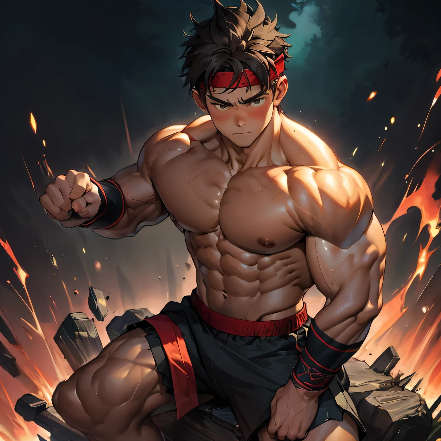 (Masterpiece, Best quality 17 year old boy, black background), solo, Young, boy, muscler, Shirtless, topless, ((((surrounded by swirling holy aura)))), (Dark Short straight hair, ((almost completely shaved hair)), under cut, brown eyes), (red headband, ((black wristband))), Vivid colors, ((hot Abs:1.2, abs!, big abs, big breast:1.2, chest!, muscler upper arms, clenched fist)), muscler!, muscler body, Man with martial arts stance, detailed face, detailed muscle, (((random fighting pose, powerful, action, rippling muscles, green aura around body, concentrate, deep night, male focus)))