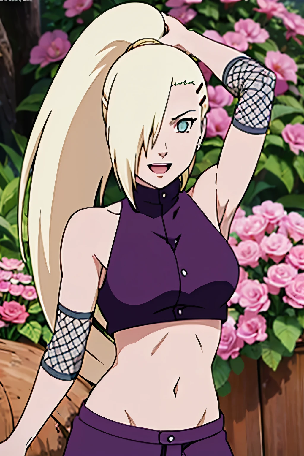 (one arm up), Ino yamanaka, looking at the viewer, gorgeous, attractive, groin, cowboy shot, ultra detailed face, sunny day, day time, upper body view, anime style, solo, detailed flower field, blonde, (focus on face), ((one eye covered with hair, hair over eye, ponytail)), medium breasts, belly button, looking at the viewer, thick arms, (off-shoulders, wide shoulders, curving body), hidden eye, smile, open mouth, very happy, tall, hair clip, sharp look, sharp face, sharp eye, cold colors,