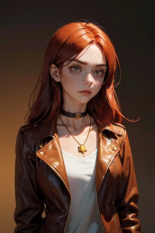 1 23 year old girl,fair skin with freckles on the face , with long red hair, gold cat eyes/ yellow/gold color , wearing a small and delicate choker, with a small pendant, wearing a short brown leather jacket, wearing a blouse, on a dark background, mocking facial squeezing, slim body