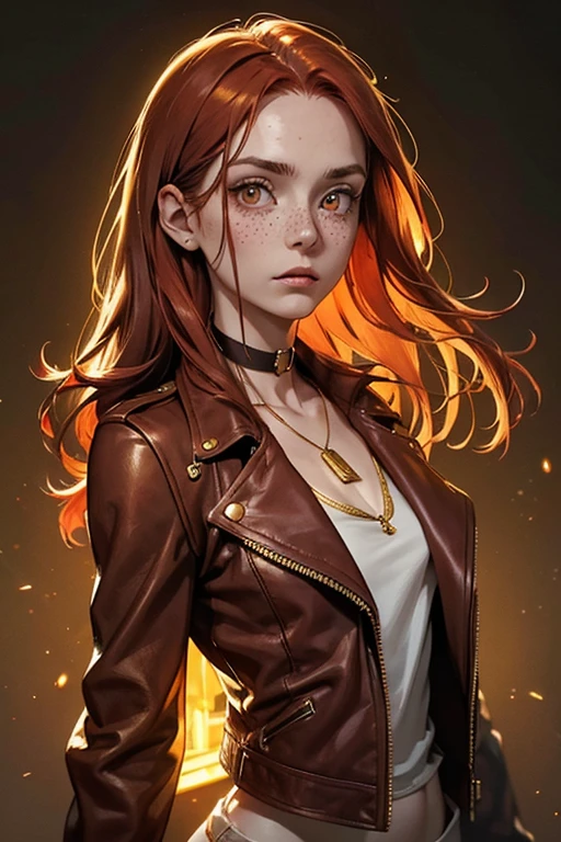 1 23 year old girl,fair skin with freckles on the face , with long red hair, gold cat eyes/ yellow/gold color , wearing a small and delicate choker, with a small pendant, wearing a short brown leather jacket, wearing a blouse, on a dark background, mocking facial squeezing, slim body