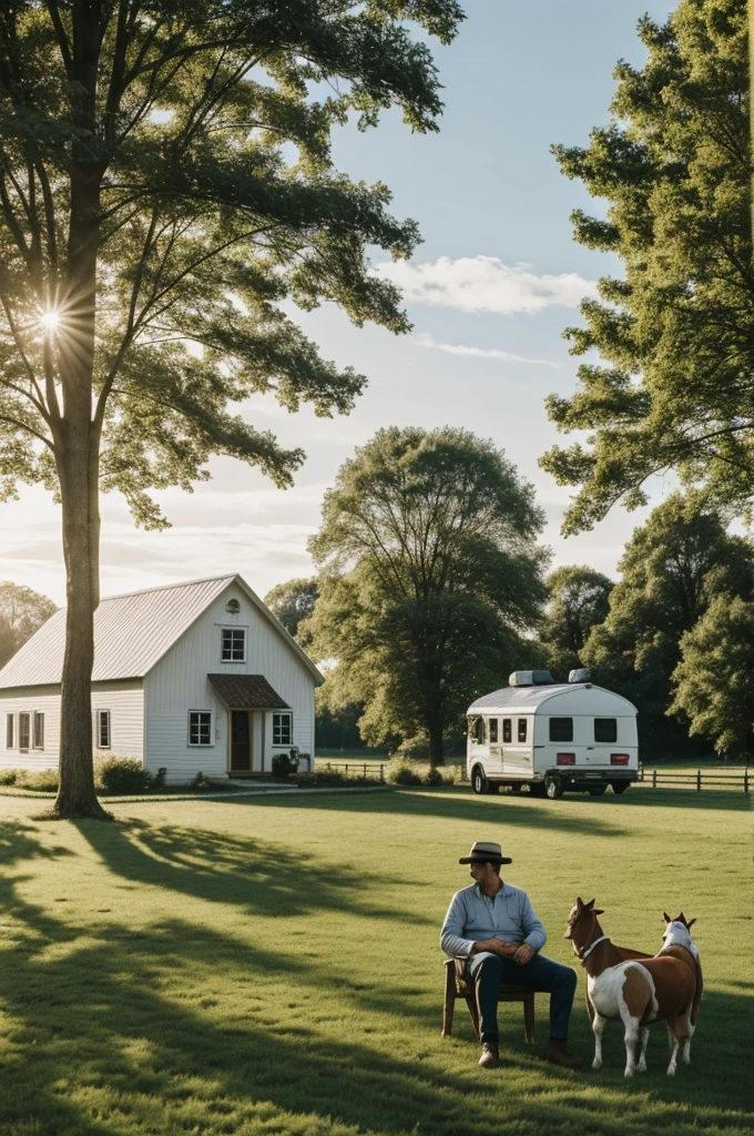 The scene you describe seems very picturesque and detailed.. I can visualize the handsome young man in his outfit and white hat, relaxedly leaning on the modern van, watching your animals on the farm. With the modern house and a clear sunny sky in the background, the image surely conveys a feeling of tranquility and country life.