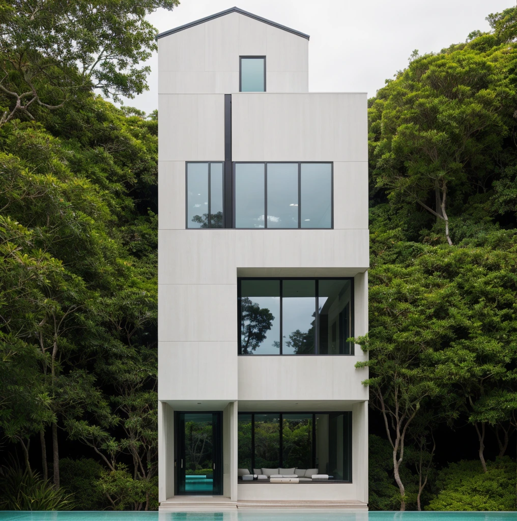 A wide angle shot shows the front view of a contemporary two-story villa with white walls and glass windows, design by Tadao ando,surrounded by lush greenery. It features an outdoor pool area overlooking the ocean at natural light. Stone pathways lead to multiple pools within the yard, adorned with vibrant tropical plants,architecture photography award, iwan baan, Taken on a Canon EOS R5 using a Canon RF 24-70mm f/2.8L IS USM lens at an F3.2 aperture setting in the style of Canon --ar 16:9 --c 5 --s 50 --v 6.0