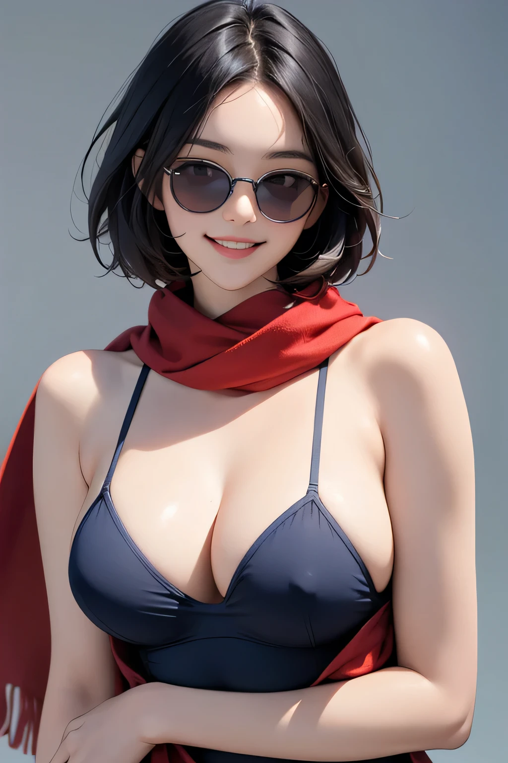 (masterpiece, best quality, 8k wallpaper, high resolution, ultra-realistic) One woman, Japanese girl, 18 years old, bob cut, smiling, sunglasses, long red scarf around neck, (masterpiece: 1.2, best quality), (realistic, photorealistic: 1.4), (masterpiece, best quality), staring at you, navy blue school swimsuit, cleavage, D cup, sexy pose, dynamic angle, full body, best proportions, white skin, black hair, looking forward, smiling, 1970s sunglasses, background is bright, smiling