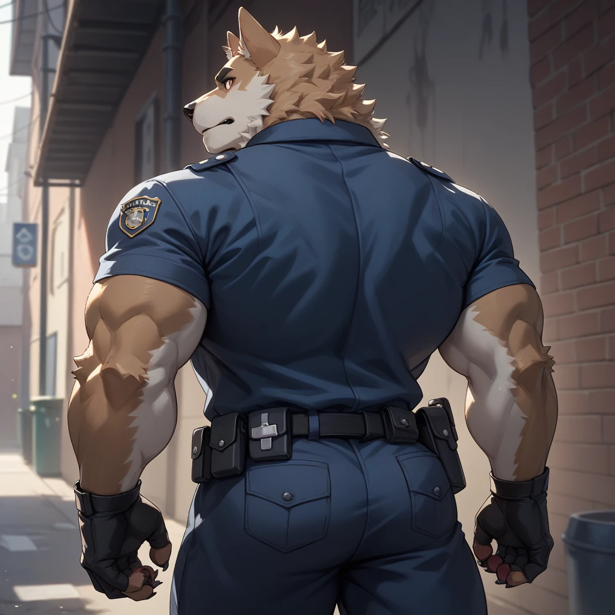 （Furry、dog police officer）、Dark back alley、I can see my stomach、Muscular、Are standing