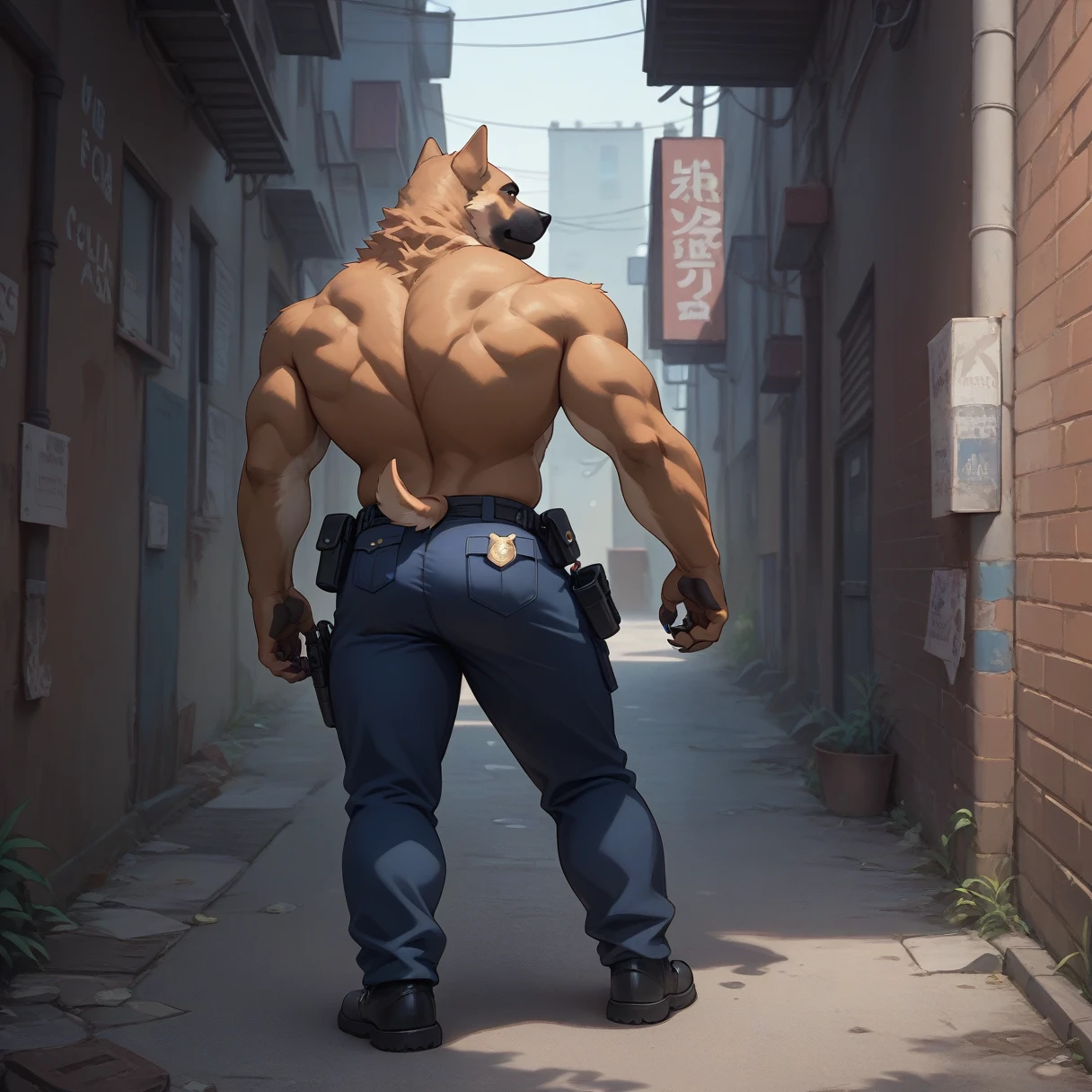 （Furry、dog police officer）、Dark back alley、I can see my stomach、Muscular、Are standing