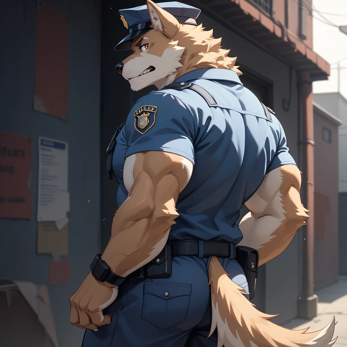 （Furry、dog police officer）、Dark back alley、I can see my stomach、Muscular、Are standing