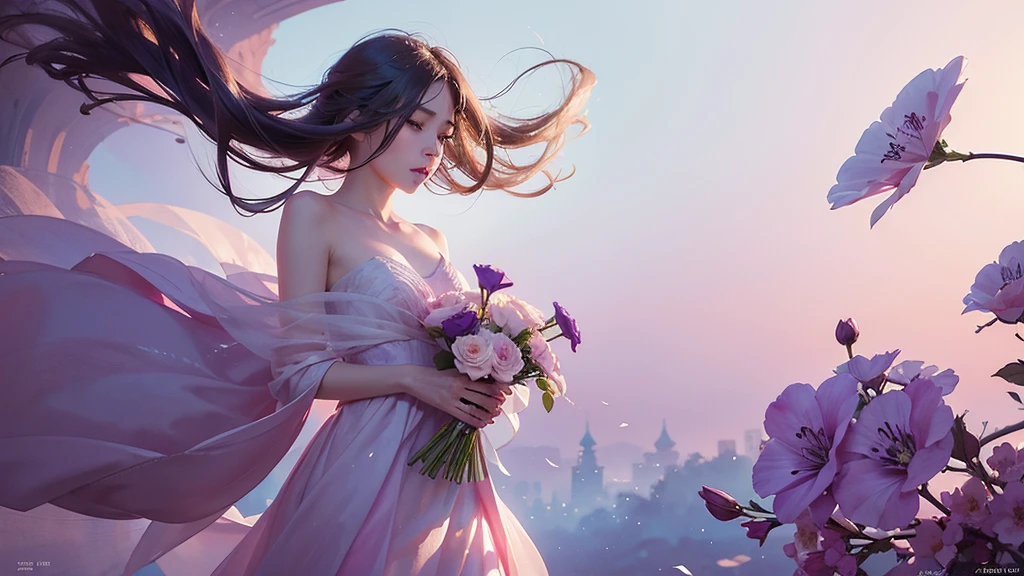 One girl,flower, Lisianthus ,Pale pinkと淡い青のスタイル, A dreamy, romantic piece, Pale pink, Mysterious Leaves, A playful arrangement,Fantasy, High Contrast, Ink strokes, explosion, Exposure, Impression of purple and red tones , Abstract, ((Watercolours by John Berkey and Jeremy Mann )) Brush strokes, Negative Space,