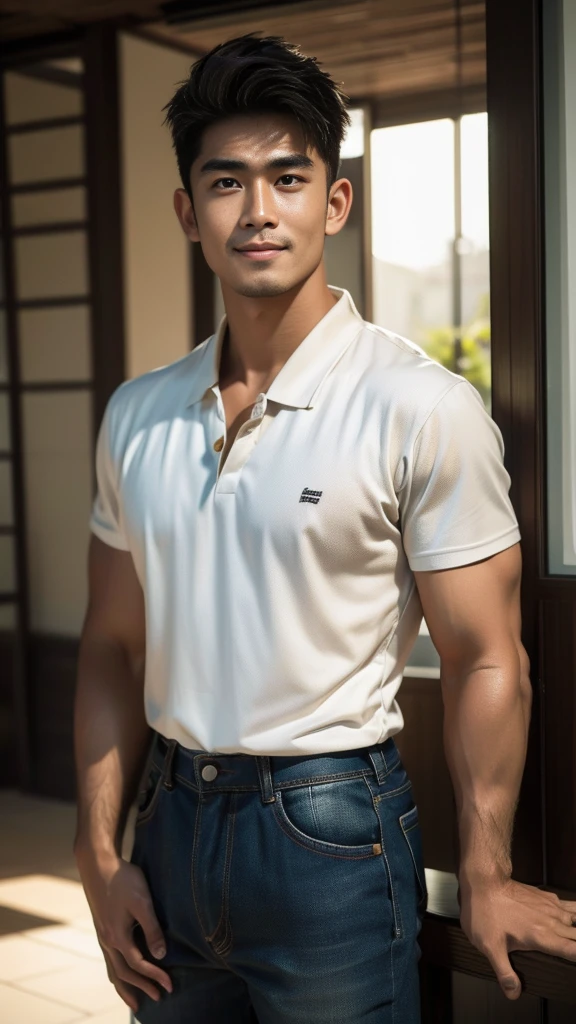 Natural light, realistic, Thai man, ทรงผมสั้น buzz cut, Handsome, muscular, big muscles, Broad shoulders, model,  Wearing a black polo shirt and jeans, he stood and smiled.