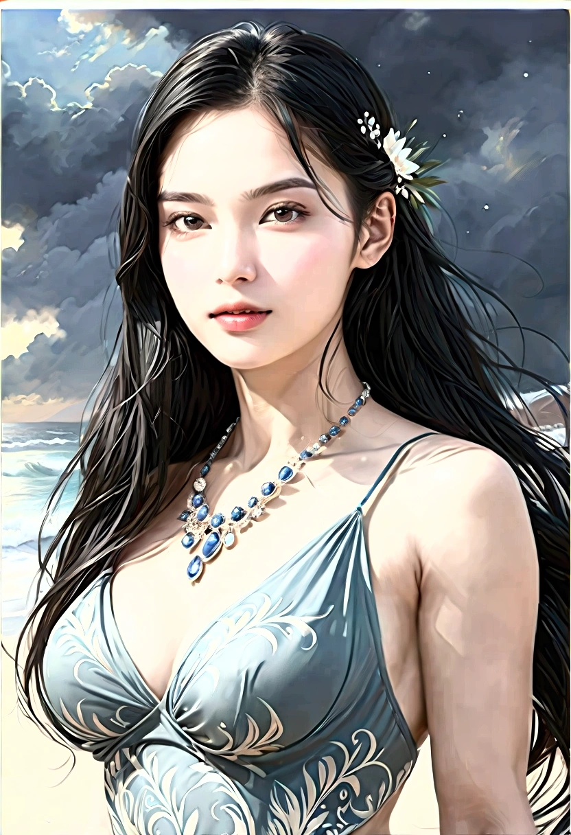 ((Masterpieces with up to 16K resolution:1.6)),Highest quality,it is really amazing,Very detailed,Ultra-high resolution,(Real:1.5),(Realistic:1.5),Increased depth of field,Cinematic Light,
Elegant mature woman,
Long black hair,(Exquisitely detailed face:1.5),Face with a gentle expression,Translucent white skin,Very sensitive skin,Great proportions,Anatomically correct body,
Sexy bikini swimwear,Artistic design,Beautiful and detailed pattern,Detailed fabric texture,Gorgeous necklace,
Coastal landscape at dusk,Dark clouds and dark sky,delay々Continuing sandy beach, Deserted Beach,Dark sea surface,
(Cowboy Shot:1.6),