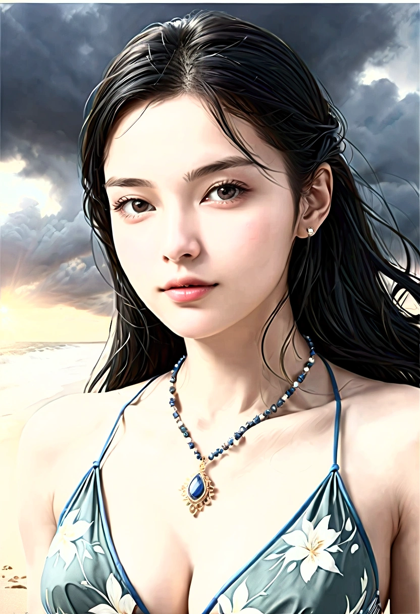 ((Masterpieces with up to 16K resolution:1.6)),Highest quality,it is really amazing,Very detailed,Ultra-high resolution,(Real:1.5),(Realistic:1.5),Increased depth of field,Cinematic Light,
Elegant mature woman,
Long black hair,(Exquisitely detailed face:1.5),Face with a gentle expression,Translucent white skin,Very sensitive skin,Great proportions,Anatomically correct body,
Sexy bikini swimwear,Artistic design,Beautiful and detailed pattern,Detailed fabric texture,Gorgeous necklace,
Coastal landscape at dusk,Dark clouds and dark sky,delay々Continuing sandy beach, Deserted Beach,Dark sea surface,
(Cowboy Shot:1.6),