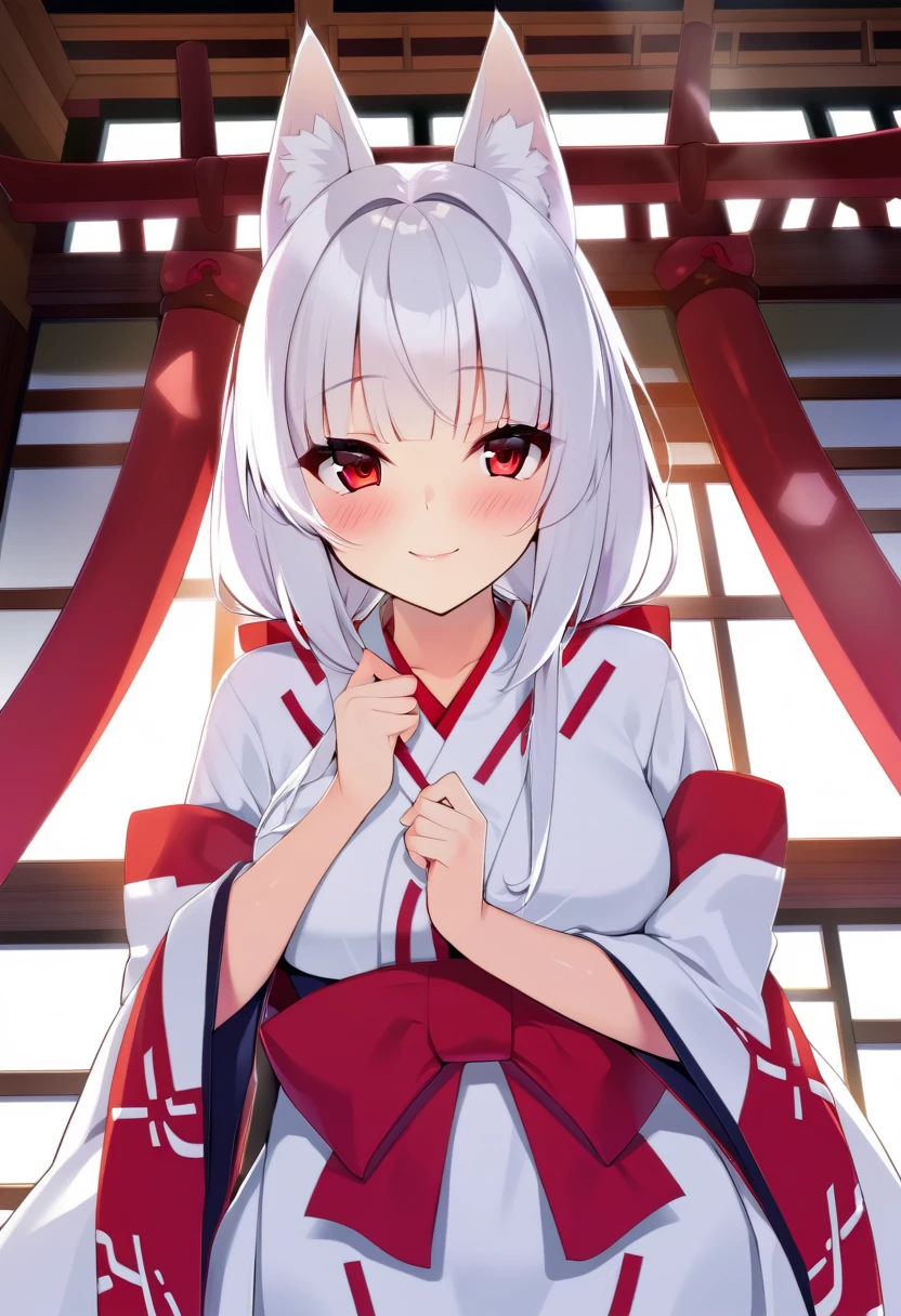 one girl, fox ears, shrine maiden, white hair, beautiful, gently, naive, smile cutely, red eyes, sacred, medium breasts, blush, fascinating, seduce me