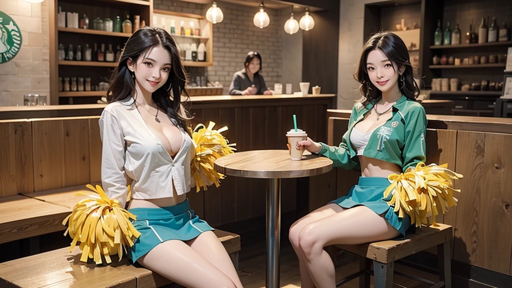 (((((((((Emphasize cleavage))))))))) ((((((((((Cheerleader, pom pom mini skirt, smile)))))))))) (((((((お洒落でcuteInside the Starbucks store))))))) 8K、RAW Photos、Highest quality、Super detailed、Super Resolution、Ultra HD、8K壁紙、Amazing details ((((((tennis racket)))))) (((((((Inside the Starbucks store)))))))、 ((((((Sit down and eat cake、Drink Starbucks coffee、smile))))))、((Heart Necklace)) Modern and sleek design：Interior design using natural materials、Many of the designs are warm and made using wood and metal.。 Large windows：自然光をたっぷり取り入れるためのLarge windowsがあり、Providing a bright and open space。 Green Interior：Potted plants are effectively placed、It creates a relaxing atmosphere。 artwork：Works by local artists、Starbucks-related art on display。 Cozy seating：Cushioned chairs and sofas、Bar sheet etc.、A variety of seating options available。 Open kitchen area：Being able to see how drinks and food are made、We provide peace of mind and transparency。 Unique lighting：Antique lamps and chandeliers、Modern lighting fixtures are used。 Comfortable background music：Relaxing music is playing、A comfortable space is provided。 Wide々Table space：一人でもグループでも使いやすいWide々There is a table with。 Community Table：There is a large table where you can socialize with other customers.。 Seasonal decorations：The decorations are themed according to the season.。 Design with a local feel：The design incorporates the local culture and characteristics.。 Fragrance production：コーヒーの香りが店内にWideがり、A space that satisfies the five senses has been created.。 Conversation with a barista：フレンドリーなConversation with a baristaが楽しめるカウンターエリアがあります。 8K、RAW Photos、Highest quality、masterpiece:1.2、Super detailed、Super Resolution、Ultra HD、8K壁紙、Amazing details、Photorealistic:1.4、Having fun by the water、Full Body Shot、Full body photo、High-resolution RAW color photos、Professional photos、A scene full of emotion、Very detailed and beautiful、Ultra HD、8K壁紙、Amazing details、Huge file sizes、Highly detailed beautiful girls、Highly detailed face Highly detailed eyes、Extremely realistic skin、 Highly detailed fingers, Highly detailed nose, Highly detailed mouth, Perfect Anatomy, Highly detailed background, Highly detailed clothing, Teen, cute女の子, Famous Japanese Idols, cute, Realistic body, Slender, White skin, Glowing Skin, Slim body, Realistic Face, Delicate eyes, double eyelid,