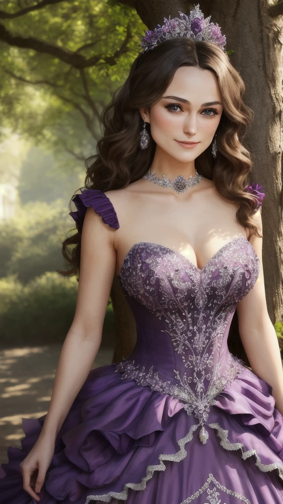 Masterpiece, absurdres, fine detail, HDR, highly detailed face and eyes, photorealistic, smiling, excited,ballgown, keira knightley in a purple and white dress standing in front of a tree , wearing a ballgown,big breasts, detailed face, long eyelashes, colorful eye shadow, colorful makeup, 4k,8k