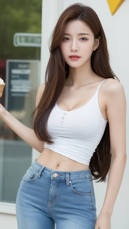 (realistic, high resolution:1.3), 1 girl with perfect figure, super fine face and eyes, long hair, tank top: 1.2 in random colors, short jeans, in a ice cream shop, ice cream in hand, big breasts, exposed cleavage