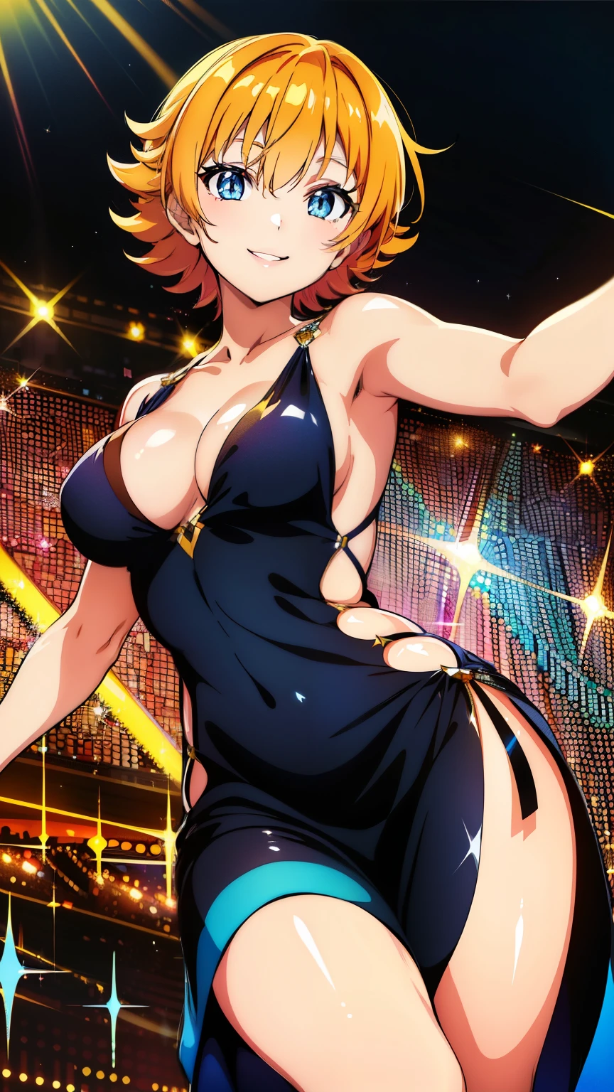 (masterpiece,best quality, 8k:1.2),(anime),1girl,mature female,igawa sakura,(Dark blue eyes, Eye light: 1.2), medium breast,wide hips, (sparkly dress, shiny dress, Smile), dynamic poses, dynamic angles