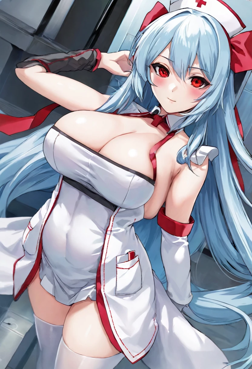 My name is Yukiko.I am a white test woman with long Sky blue hair,red eye color.I am 1.62 cm tall . My breasts measure 200 cm, my waist 40 cm and my hips 200 cm.Dressed in a short nurse outfit  . With big 200 cm breasts 