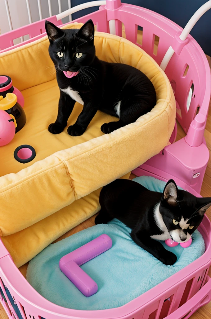 An anime image of a age black cat in a playpen wearing a shiba inu themed footed sleeper suckling a pacifier and playing with happily playing with baby toys