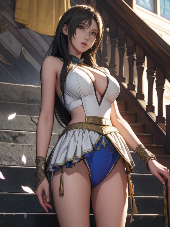 Highest quality, Official Art, masterpiece, Fabric Shading, High resolution, Very detailed, colorful, Best details, Fantasy, Combat Uniform, Tifa:1.5, 1 female, Age 25, Golden Hair, Long Hair, Hime cut:1.2, Highest quality, Official Art, masterpiece, Fabric Shading, High resolution, Very detailed, colorful, Best details, Fantasy:1.5, 1 female, Age 25, Standing on the stairs, A castle town with an old castle view, sunny, Large Breasts, skinny, Surrounded by a lot of people:1.9, Confetti falling, Blessed, Welcomed:1.5, Camel Toe:1.3, Ground Level Shot,random color micro panties:1.9,