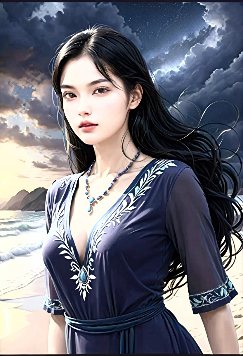 ((Masterpieces with up to 16K resolution:1.6)),Highest quality,it is really amazing,Very detailed,Ultra-high resolution,(Real:1.5),(Realistic:1.5),Increased depth of field,Cinematic Light,
Elegant mature woman,
Long black hair,(Exquisitely detailed face:1.5),Face with a gentle expression,Translucent white skin,Very sensitive skin,Great proportions,Anatomically correct body,
Sexy bikini swimwear,Artistic design,Beautiful and detailed pattern,Detailed fabric texture,Gorgeous necklace,
Coastal landscape at dusk,Dark clouds and dark sky,delay々Continuing sandy beach, Deserted Beach,Dark sea surface,
(Cowboy Shot:1.6),