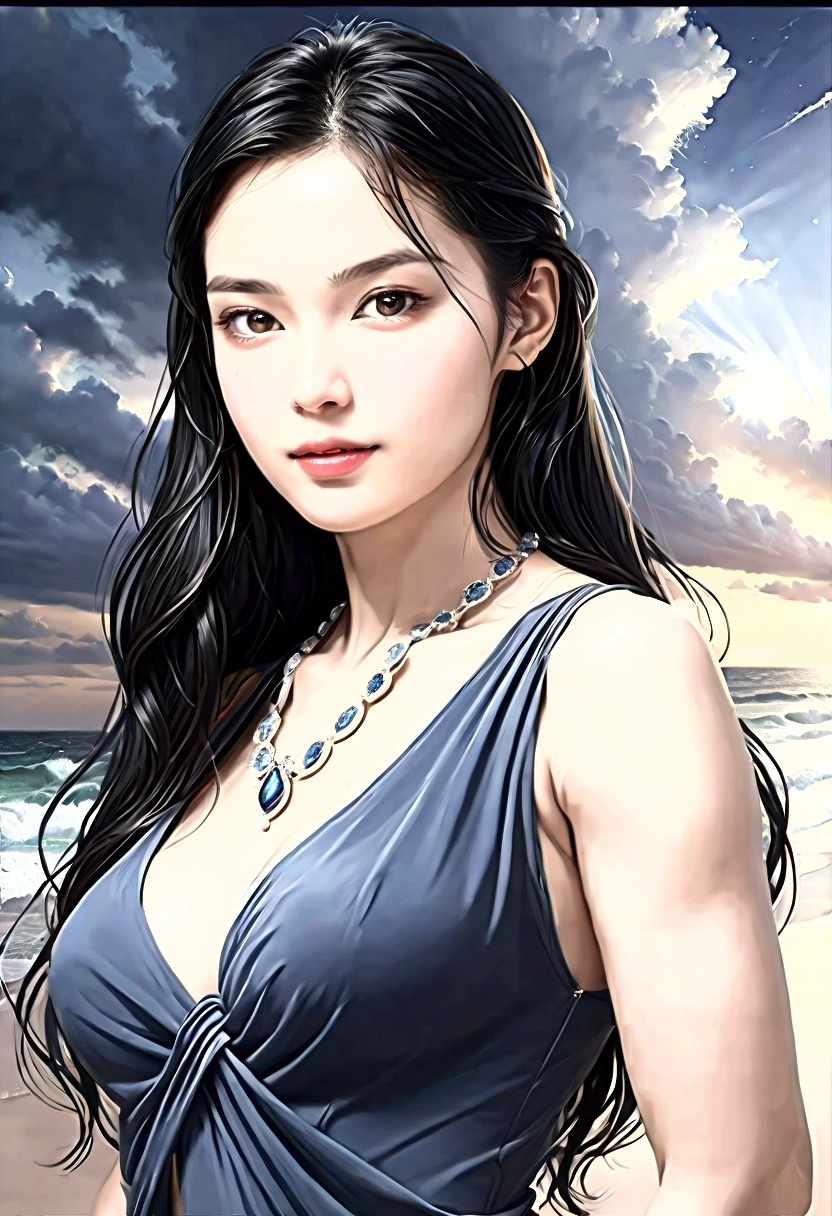 ((Masterpieces with up to 16K resolution:1.6)),Highest quality,it is really amazing,Very detailed,Ultra-high resolution,(Real:1.5),(Realistic:1.5),Increased depth of field,Cinematic Light,
Elegant mature woman,
Long black hair,(Exquisitely detailed face:1.5),Face with a gentle expression,Translucent white skin,Very sensitive skin,Great proportions,Anatomically correct body,
Sexy bikini swimwear,Artistic design,Beautiful and detailed pattern,Detailed fabric texture,Gorgeous necklace,
Coastal landscape at dusk,Dark clouds and dark sky,delay々Continuing sandy beach, Deserted Beach,Dark sea surface,
(Cowboy Shot:1.6),