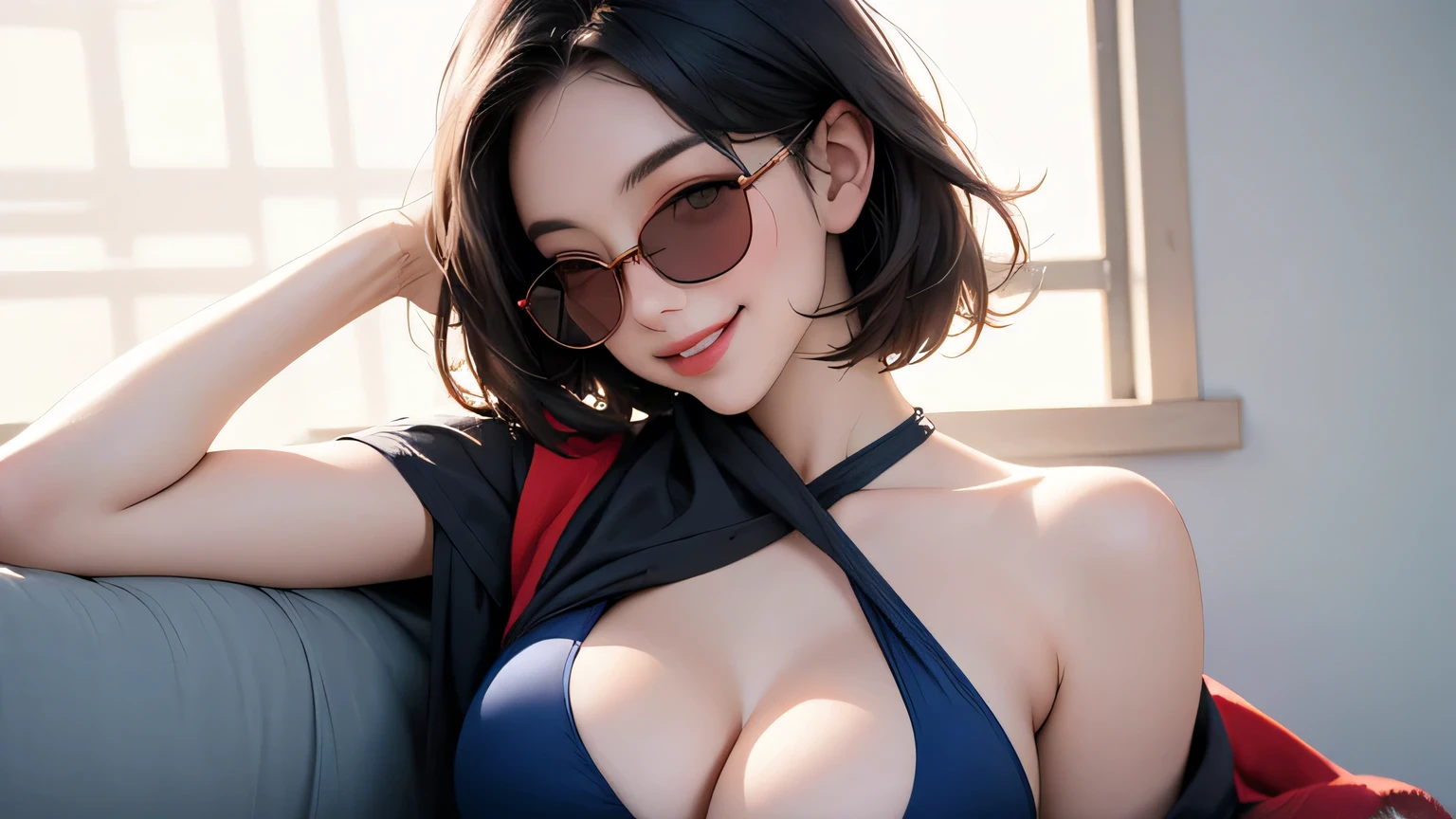 (masterpiece, best quality, 8k wallpaper, high resolution, ultra-realistic) One woman, Japanese girl, 18 years old, bob cut, smiling, sunglasses, long red scarf around neck, (masterpiece: 1.2, best quality), (realistic, photorealistic: 1.4), (masterpiece, best quality), staring at you, navy blue school swimsuit, cleavage, D cup, sexy pose, dynamic angle, full body, best proportions, white skin, black hair, looking forward, smiling, 1970s sunglasses, background is bright, smiling