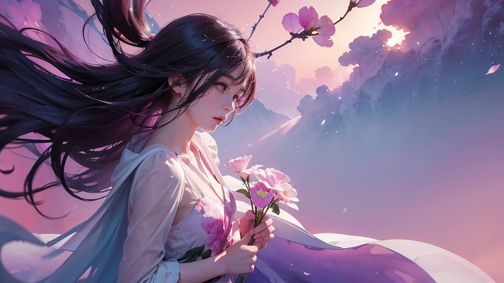 One girl,flower, Lisianthus ,Pale pinkと淡い青のスタイル, A dreamy, romantic piece, Pale pink, Mysterious Leaves, A playful arrangement,Fantasy, High Contrast, Ink strokes, explosion, Exposure, Impression of purple and red tones , Abstract, ((Watercolours by John Berkey and Jeremy Mann )) Brush strokes, Negative Space,