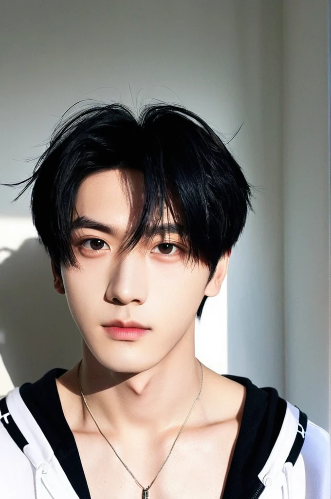 One boy, Young man with black hair  (Mash Straight Hair),Male K-Pop Idols, Levi Ackerman, Medium portrait,chop, Beautiful Model, Oval Face, Vivid,Selfie,(In a dark room),The whole body is shown