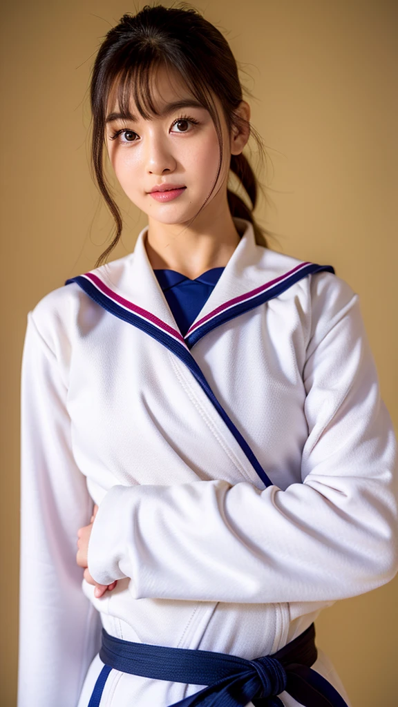 ((Highest quality)), ((masterpiece)), (detailed), 1People Girls、20-year-old、Japanese、Beauty、Beautiful face、Cute face、 midium bretht、(Emphasize cleavage)、(White judo uniform)、(Black Belt)、Long sleeve