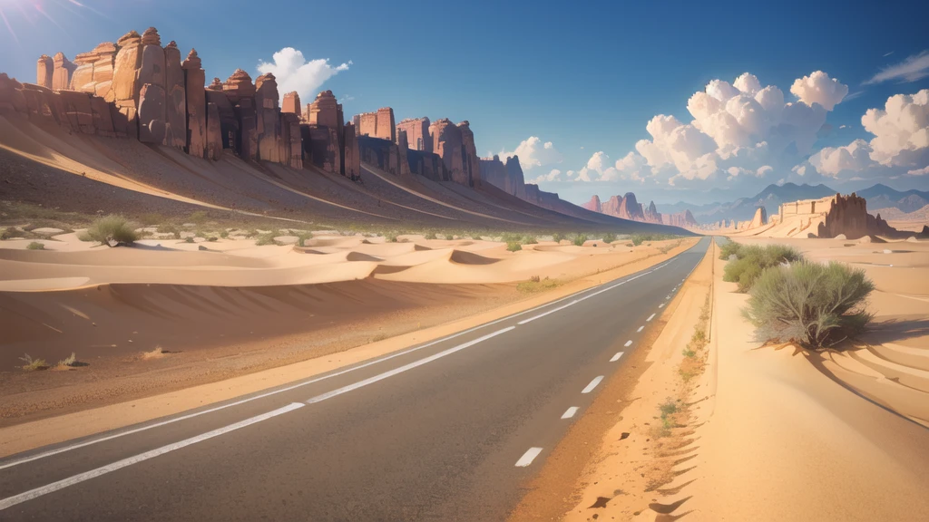 (desert  :1.2),road ,(รถพยาบาลบนroad:1.2) ,  landscape:1.5