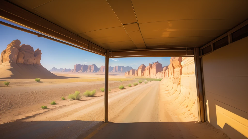 (desert  :1.2),road ,(รถพยาบาลบนroad:1.2) ,  landscape:1.5