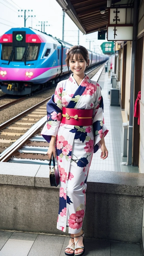 (Japanese Kimono、kimono、yukata:1.3)、(Whole body shot:1.24))、(RAW Photos、Photorealistic:1.4)、One girl、Beautiful girls、21-year-old female college student、Very detailed目と顔、Beautifully detailed dark brown eyes、Ultra-detailed、((High resolution、Highest quality、masterpiece、Very detailed、8K))、Outdoors、Japan woman at 21 years old、Medium breast、8-body style、(On the station platform、Railway stations in Japan、bullet train:1.37)、smile、Open your mouth、Cute atmosphere、Wearing sandals、Perfect proportions、Direct your gaze this way、Smiling Kindly、Summer evening、Short Hair、Light Brown Hair、Nice atmosphere、Summer 1999